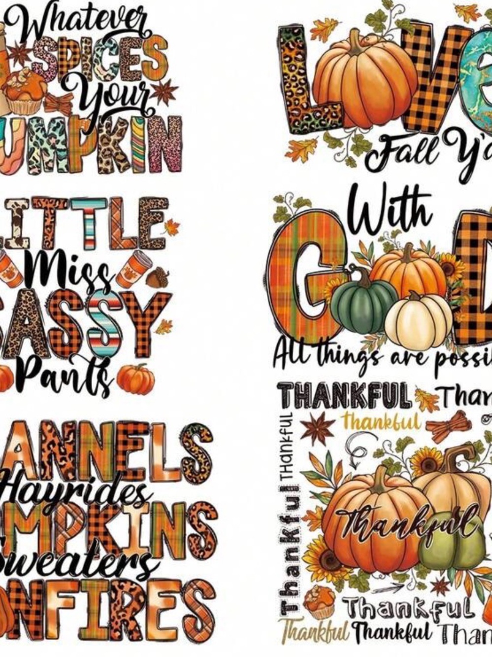 6pc Autumn-Themed Fall Pumpkin Graphic Iron Ons - Harvest Typograph